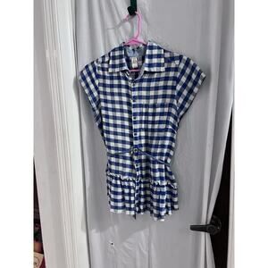 Free People Blue White Gingham Check Button Up Peplum Waist Top S Linen Blend
